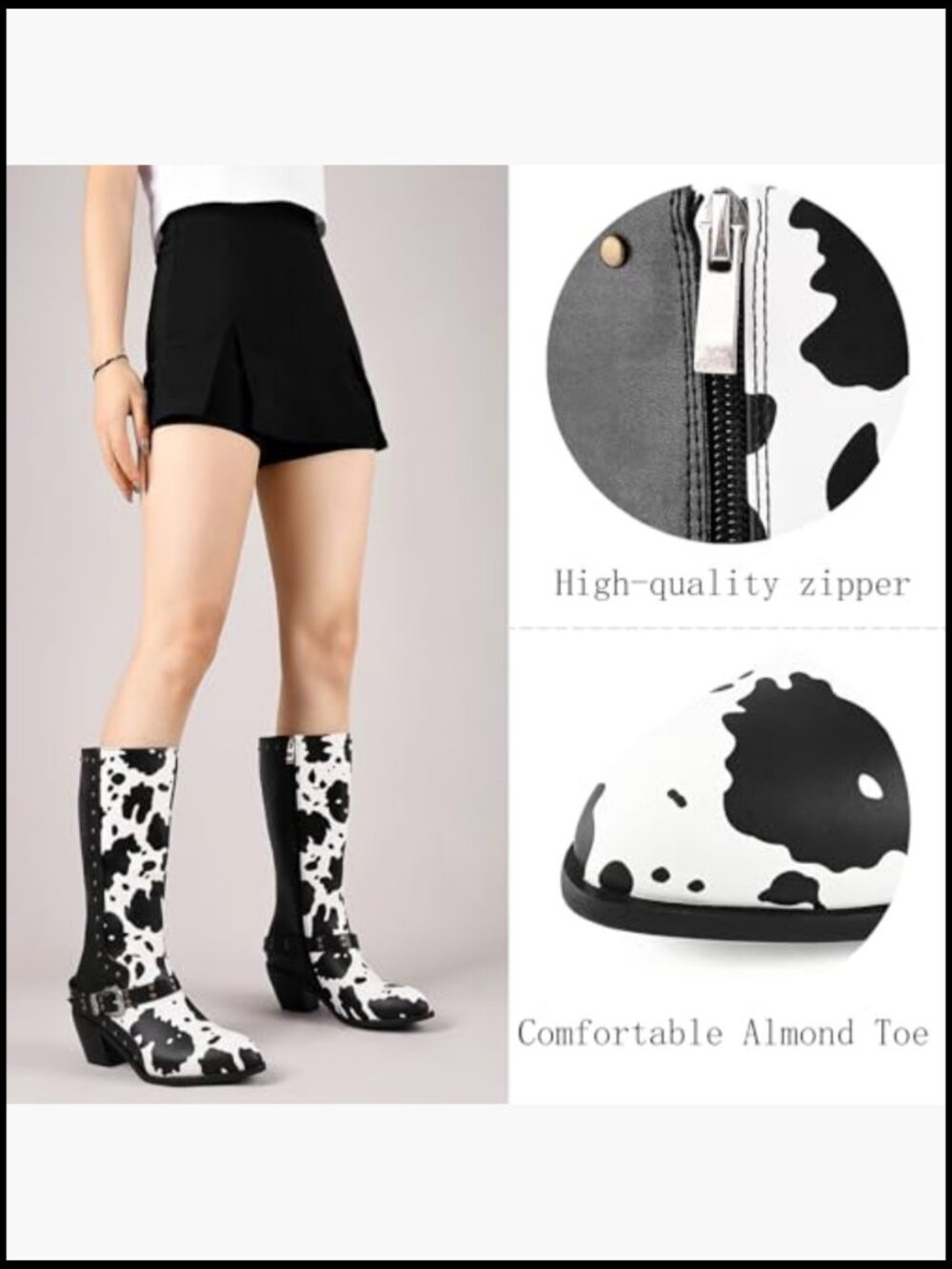 Studded Mid Calf Buckle Biker Boots Chunky Heel Zipper Cow Print - Picture 2 of 7
